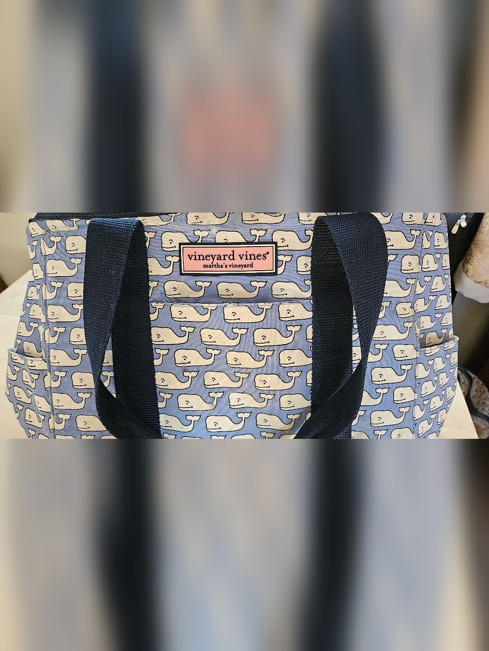 Vineyard Vines Light Blue Whale Pattern Tote with Navy Handles Cooler